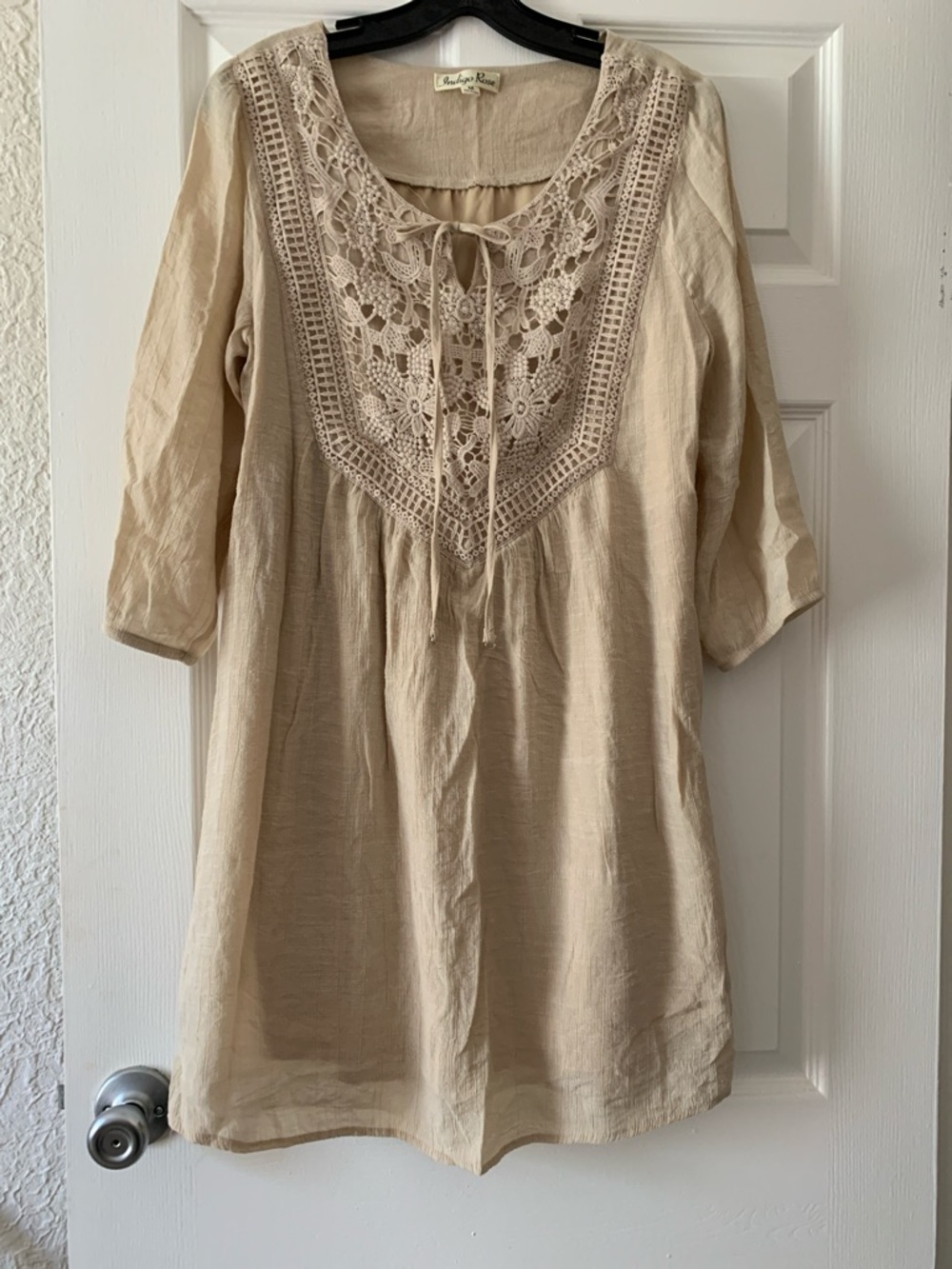 Beige Crochet-Yoke Mini Dress with Tie Front